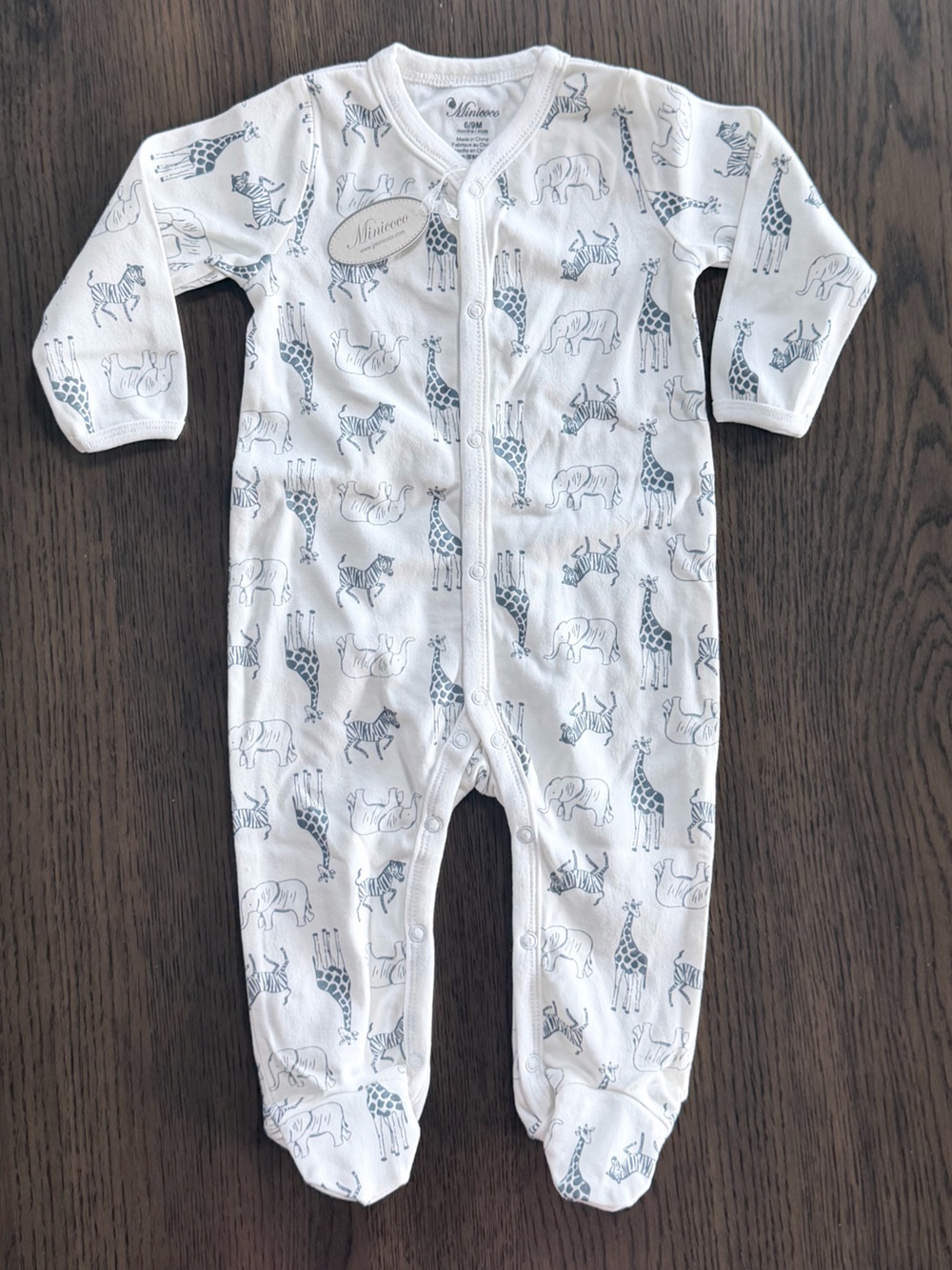 NWT Minicoco 6/9M White Baby One-Piece with Gray Animal Print